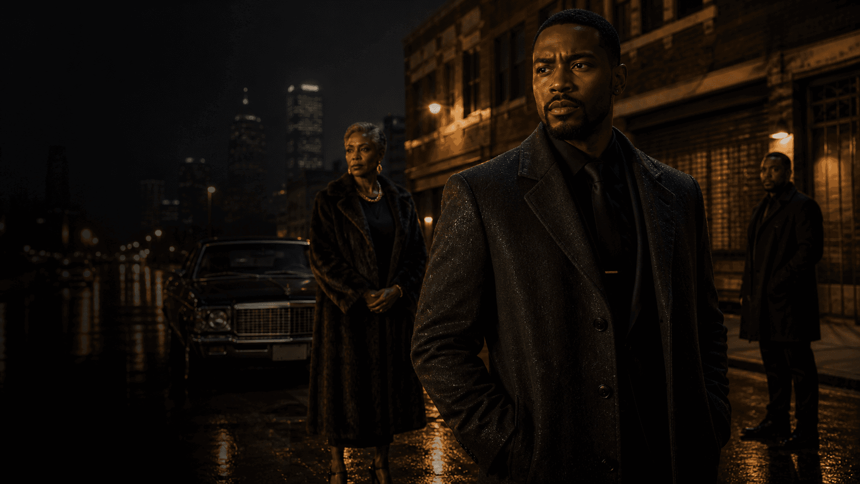 The cast of The Block He Inherited on a Detroit street at night